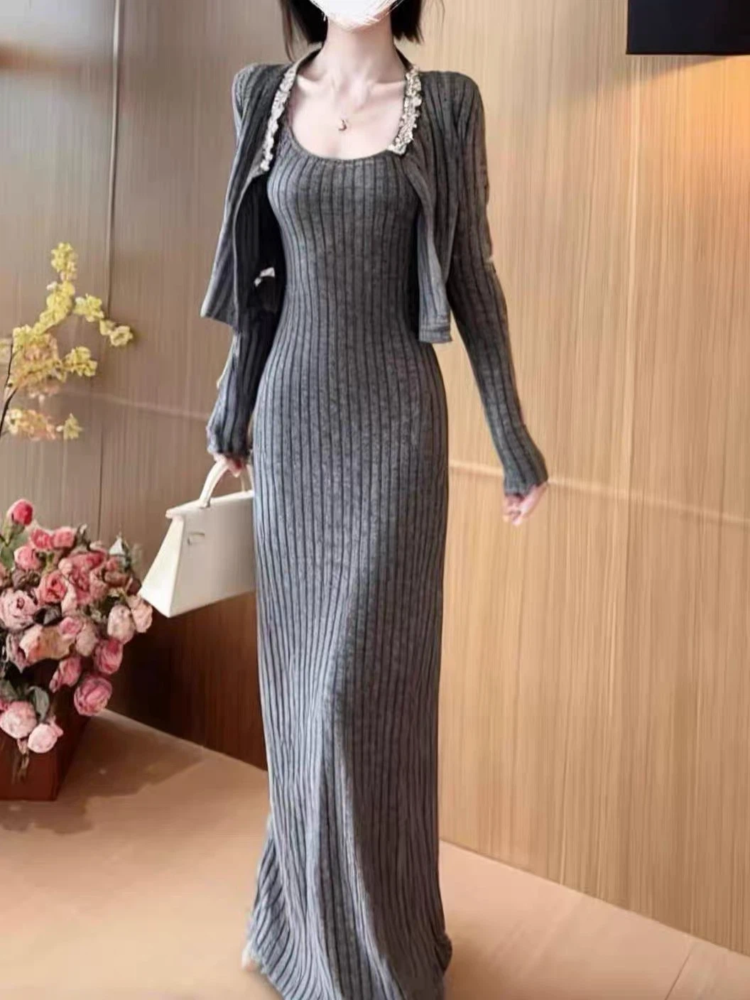 Grey Ribbed Knit Maxi Dress and Cardigan Set - photo 2