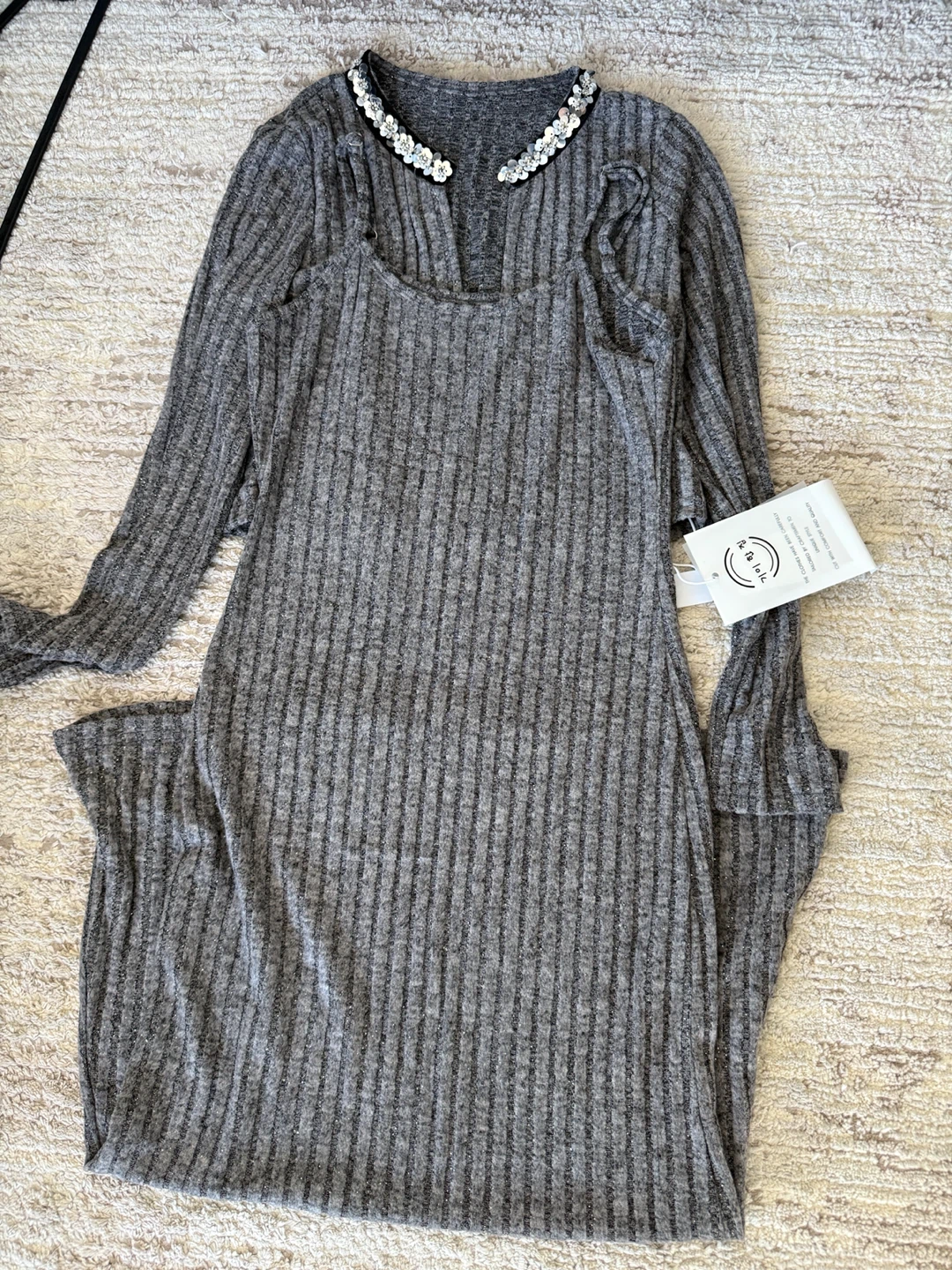 Grey Ribbed Knit Maxi Dress and Cardigan Set - photo 5