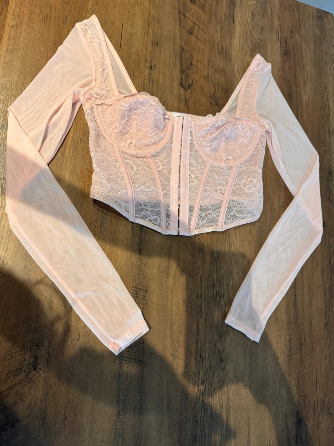 Pink Lace Corset Top with Sheer Sleeves