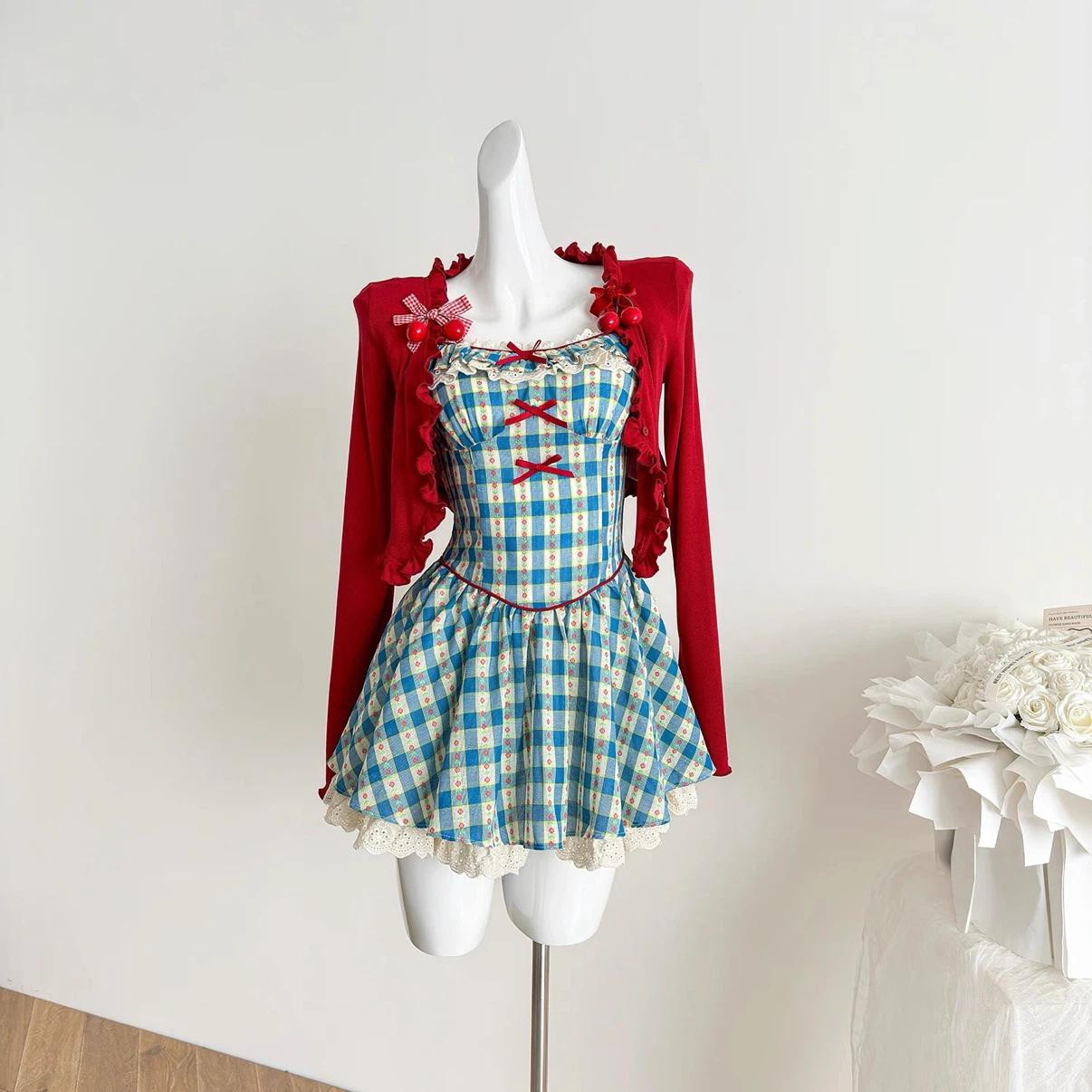 Blue Gingham Dress with Red Cardigan Set