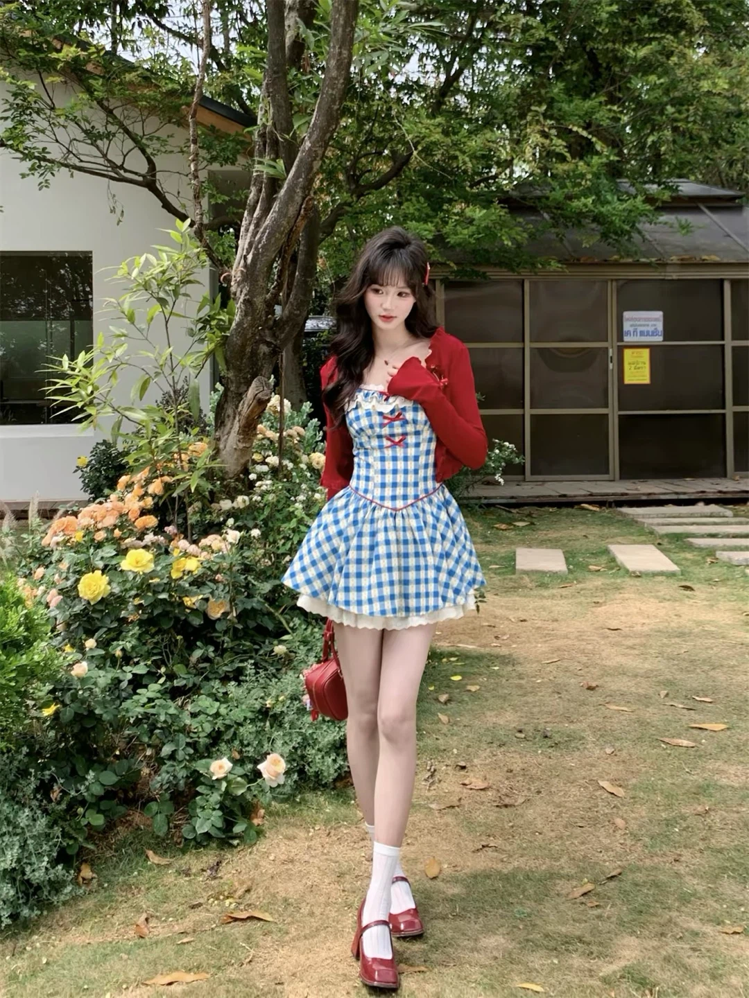 Blue Gingham Dress with Red Cardigan Set - photo 2
