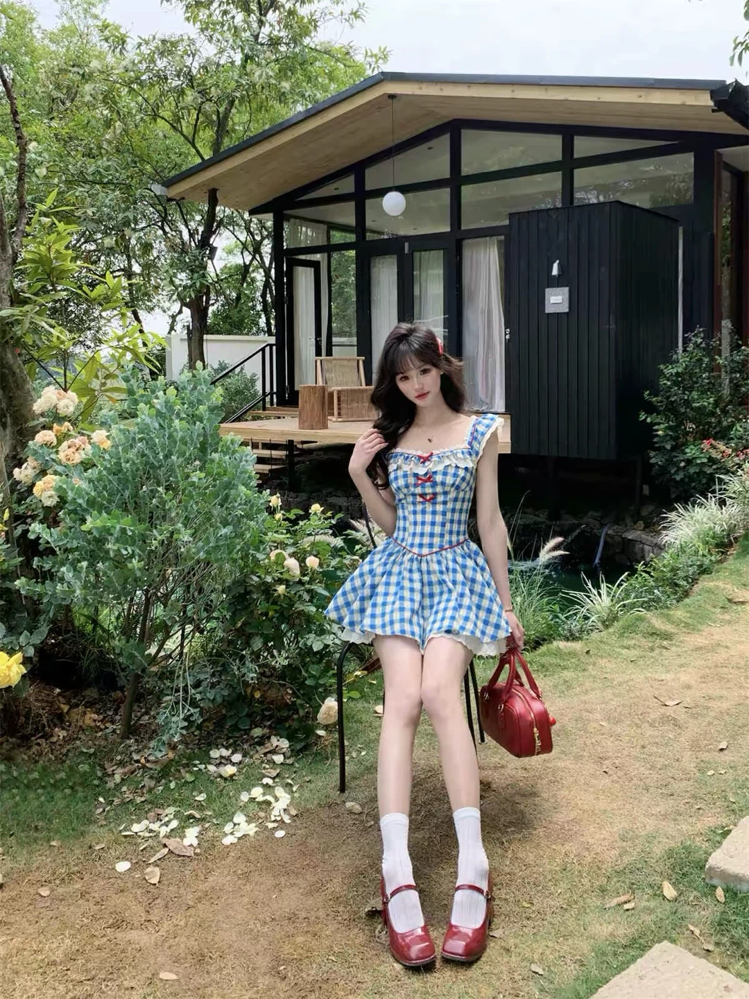 Blue Gingham Dress with Red Cardigan Set - photo 3