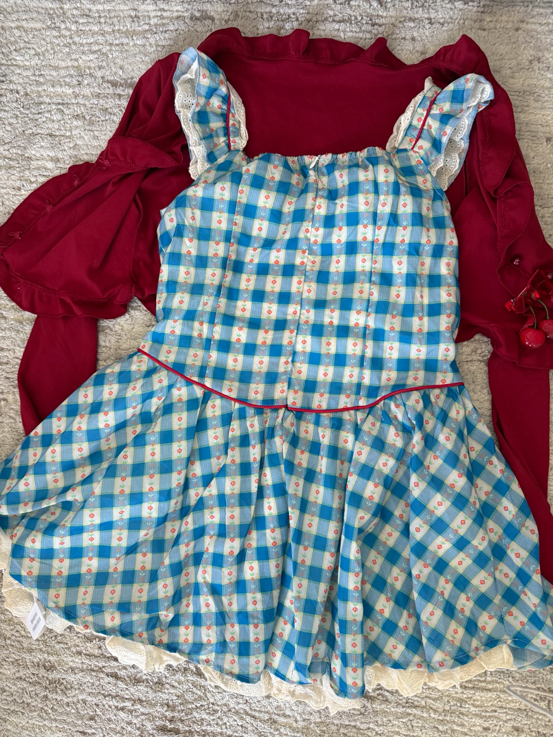 Blue Gingham Dress with Red Cardigan Set - photo 4