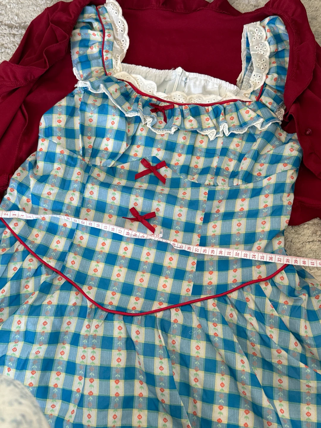 Blue Gingham Dress with Red Cardigan Set - photo 5