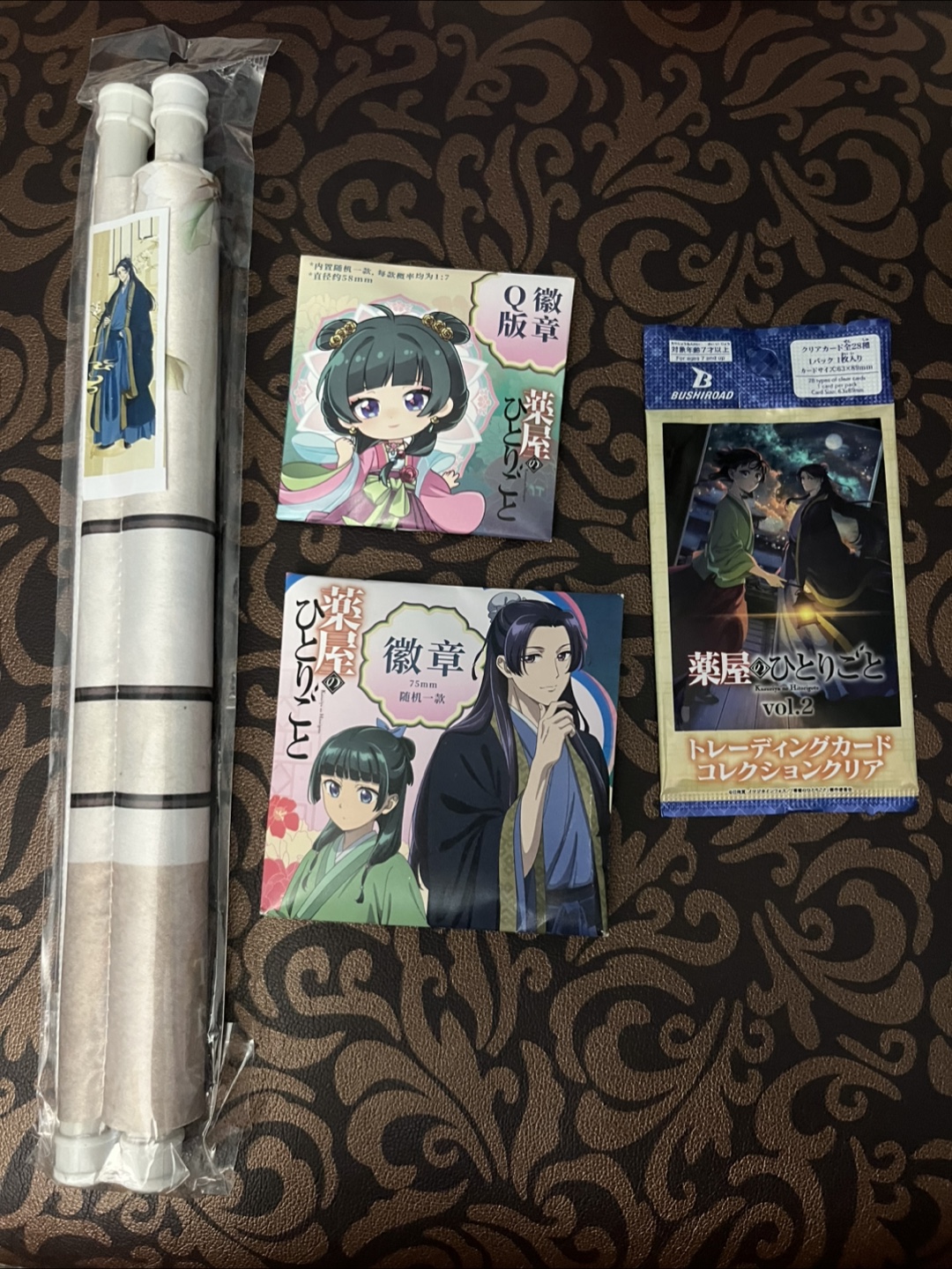 The Apothecary Diaries wall scroll, button badge and clear card