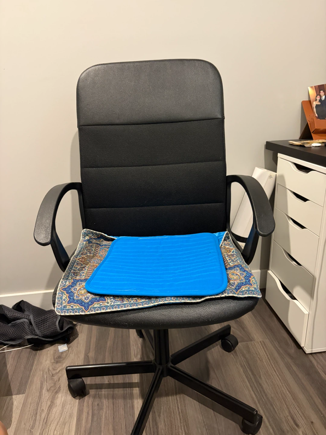 Black Office Chair with Blue Seat Cushion