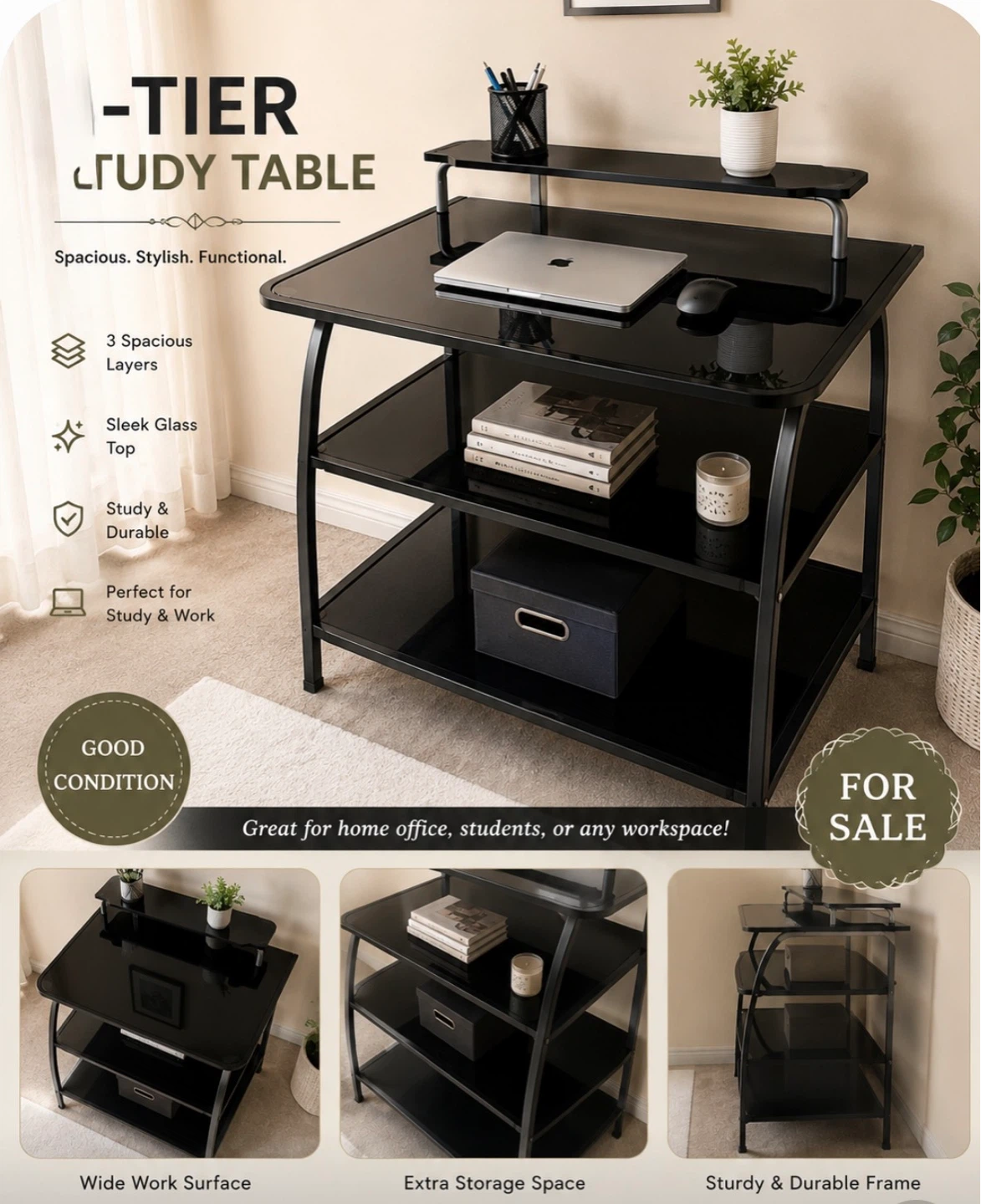 4-Tier Study Table with Glass Surface - photo 3