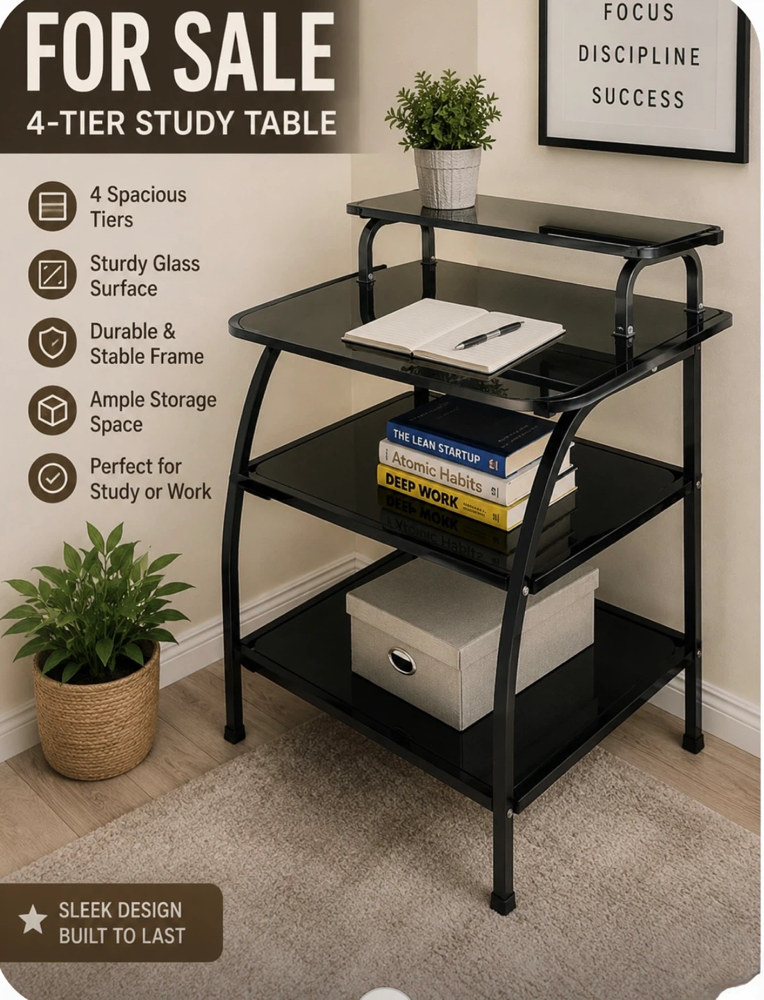4-Tier Study Table with Glass Surface