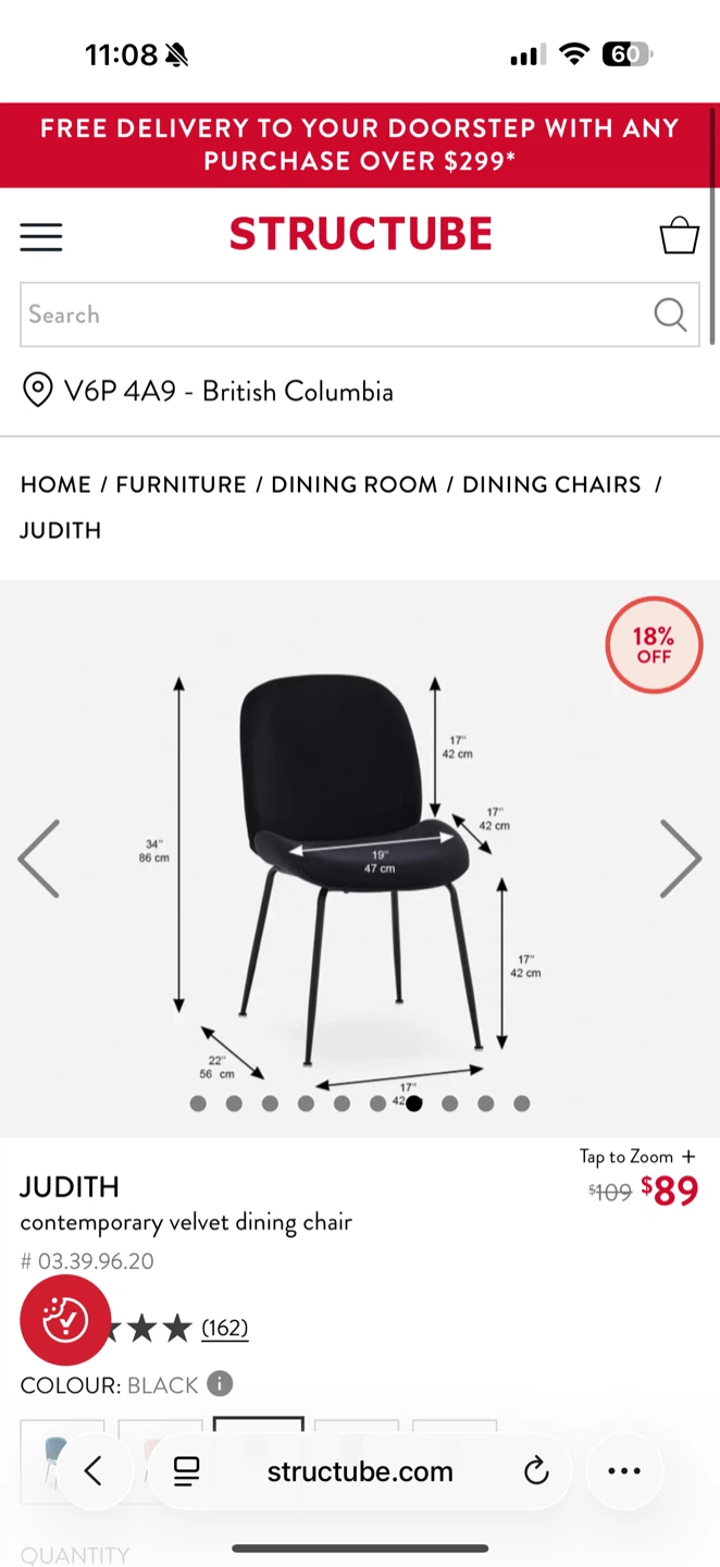 Structube Judith Contemporary Velvet Dining Chair - Black - photo 2