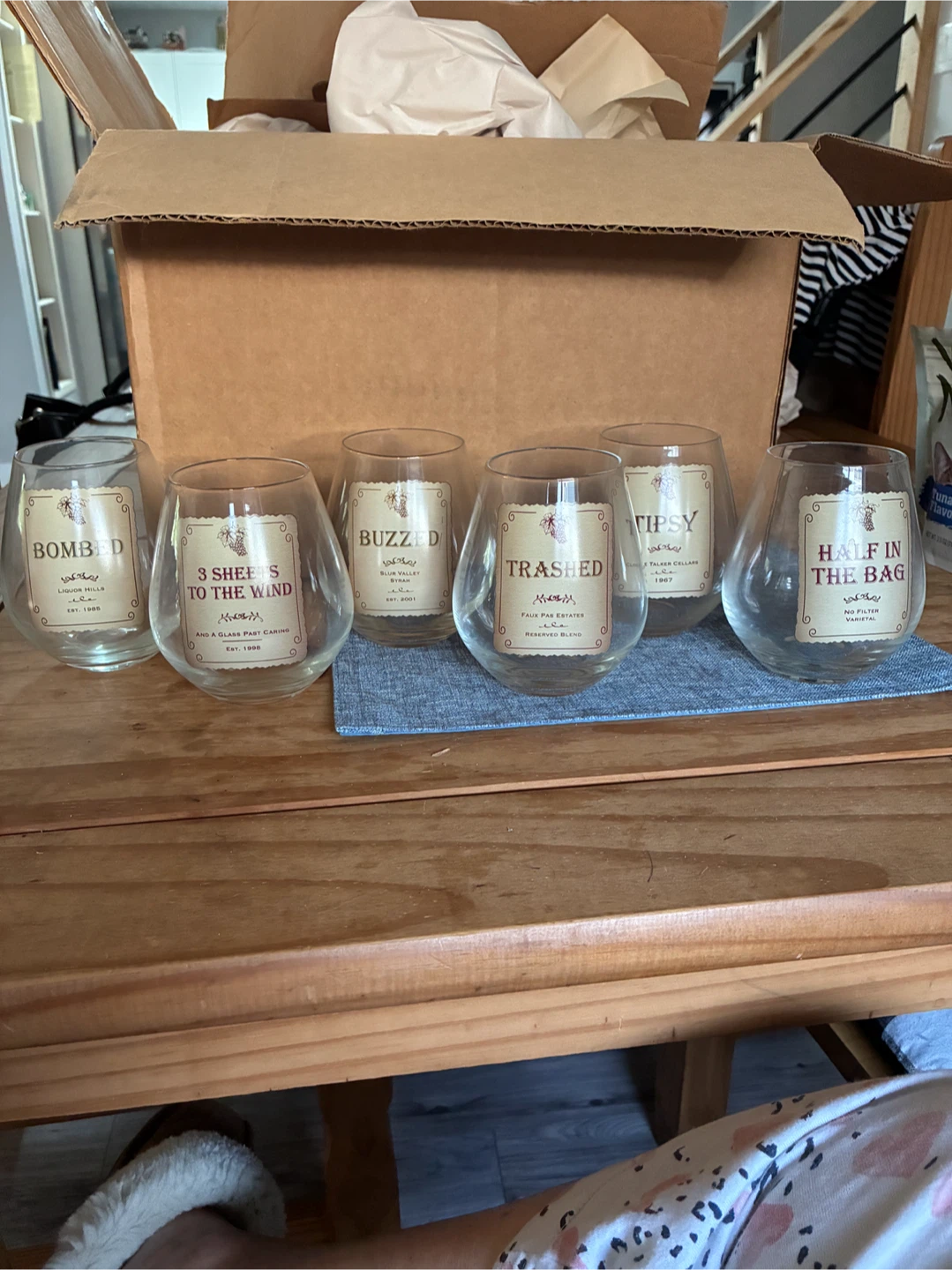 6 fun labeled wine glasses.
