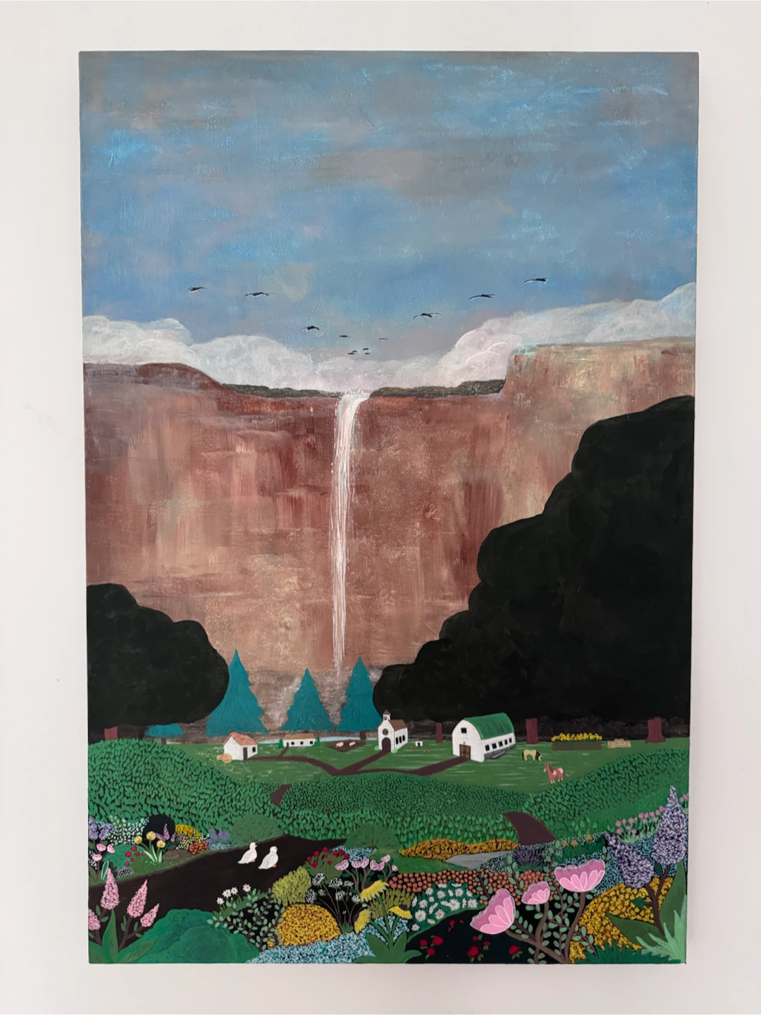 Acrylic Painting of a Waterfall Landscape