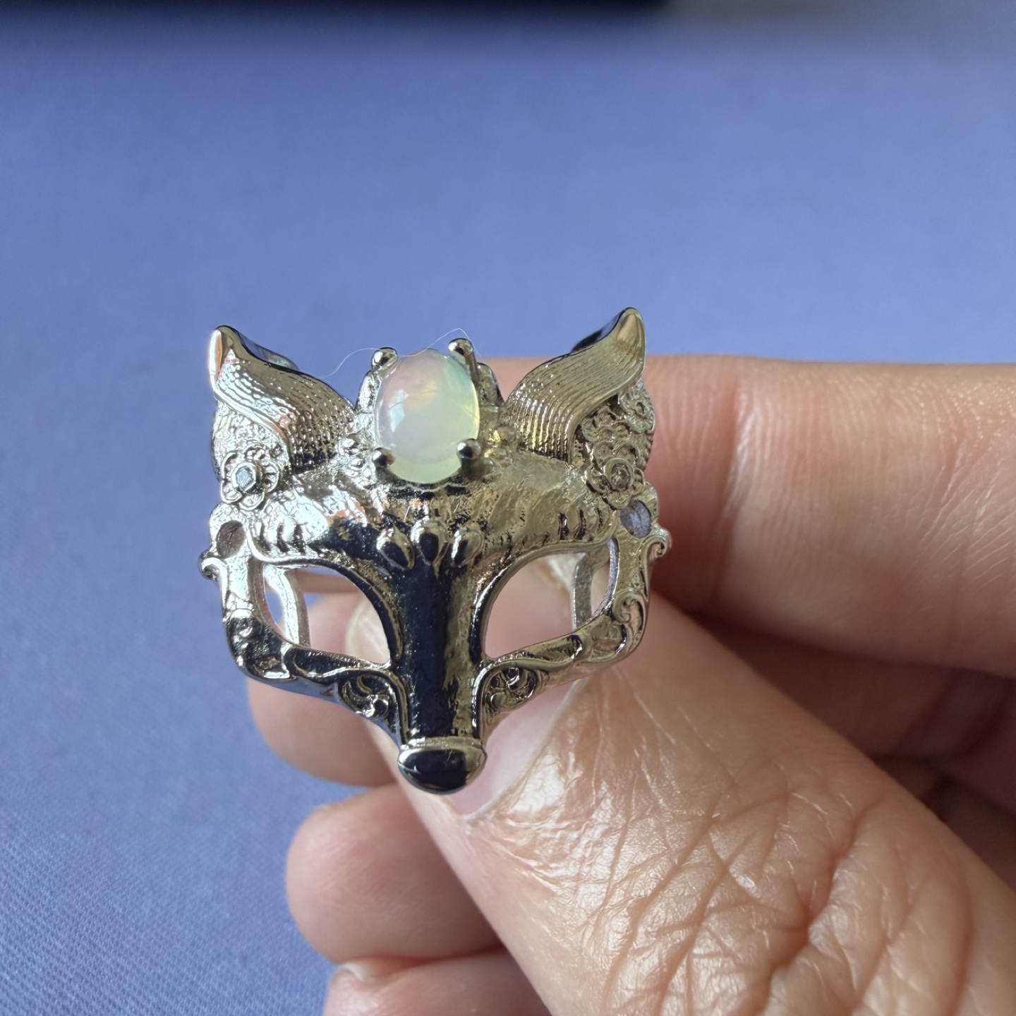 Silver Fox Mask Ring with Opalite Stone - photo 2