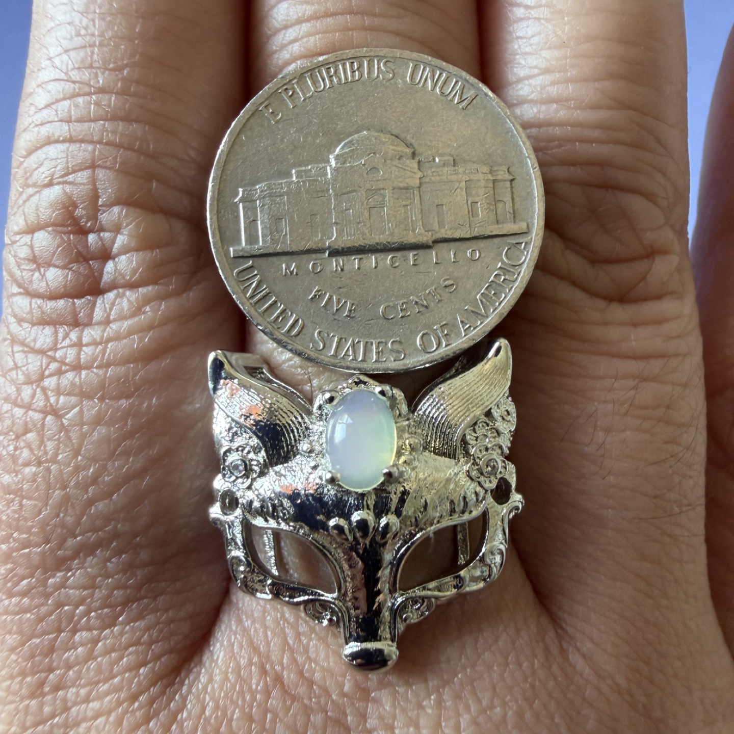 Silver Fox Mask Ring with Opalite Stone