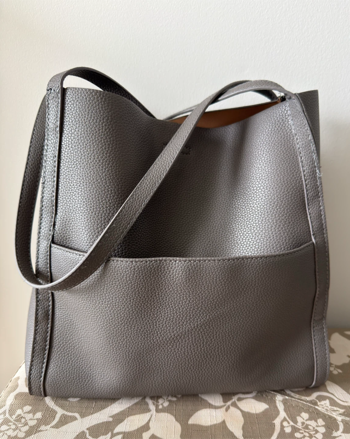 Grey Soft Leather Tote Bag
