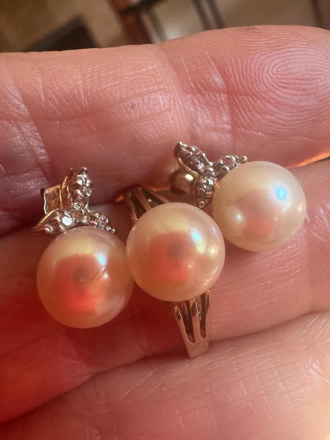 10 k Pearl and Diamond Ring and 10 k Earrings Set