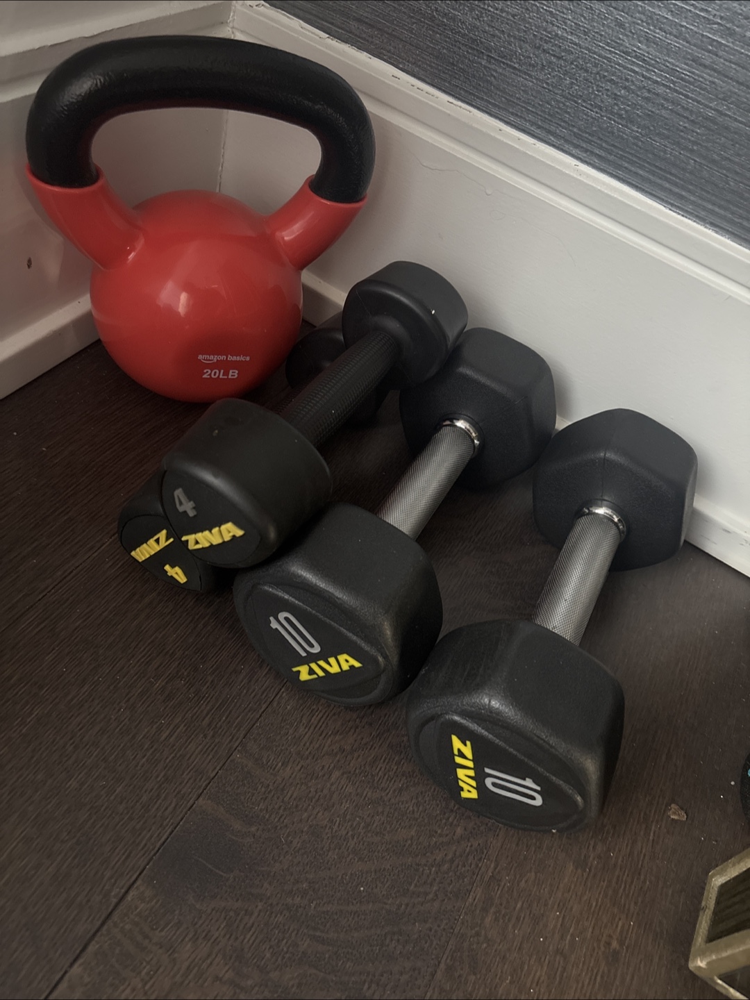 ZIVA 10lb Dumbbells (2) and Amazon Basics 20lb Kettlebell