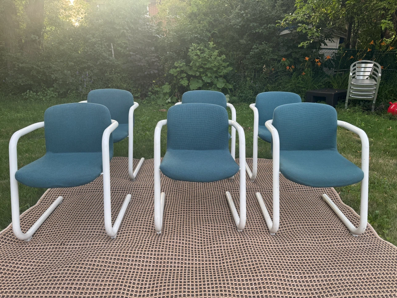 Set of 6 Blue Upholstered Cantilever Chairs