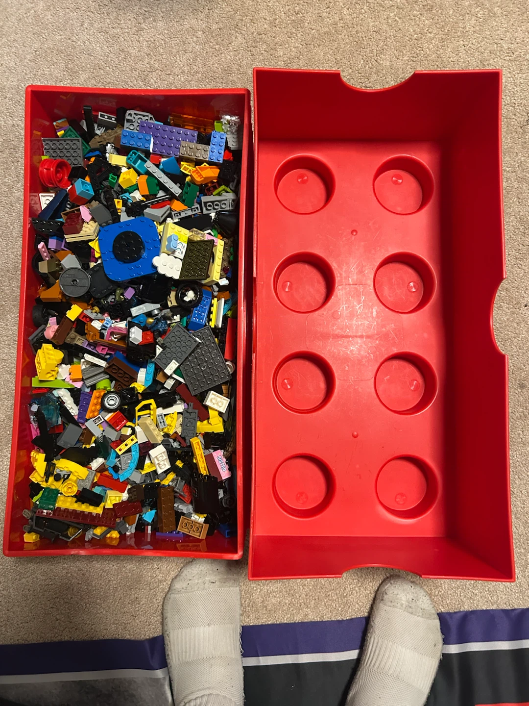 Red LEGO Brick Storage Box with Assorted LEGO Pieces