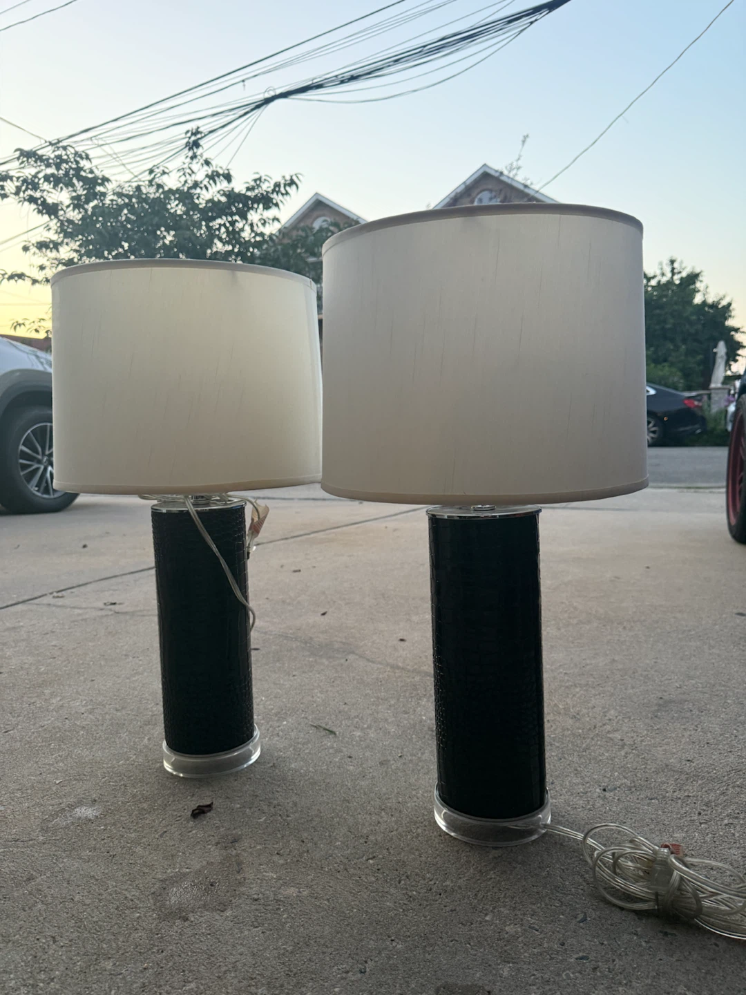 Pair of Black Cylinder Table Lamps with White Shades