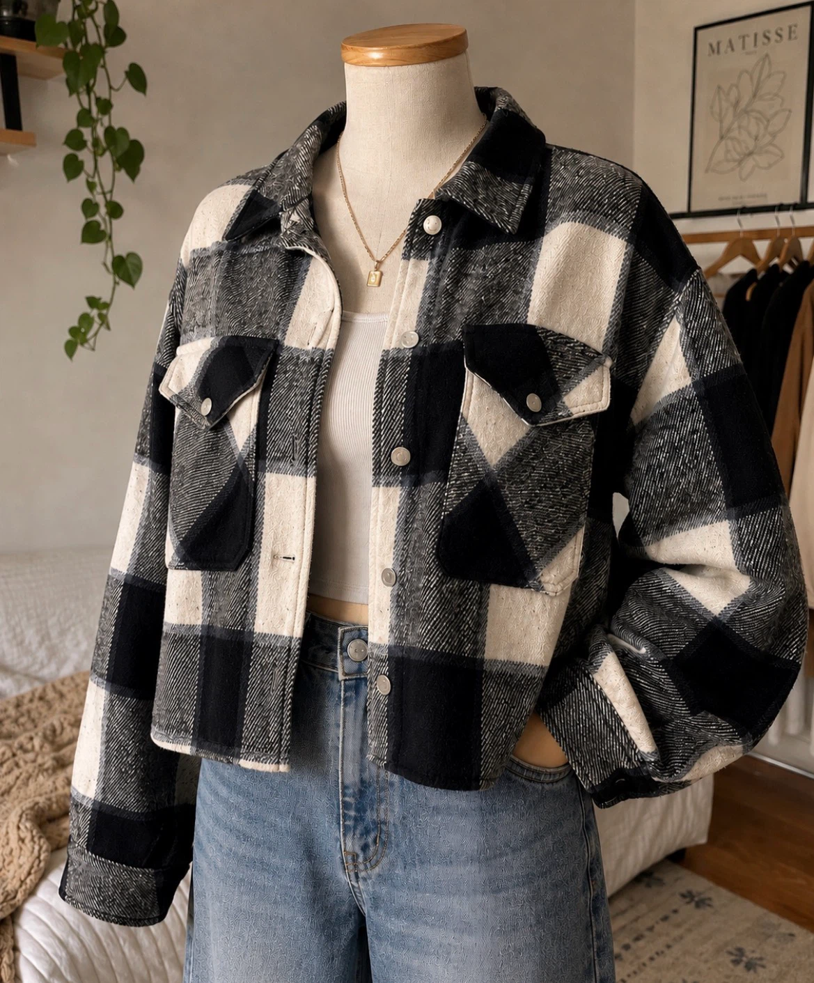 Cropped Plaid Shacket Jacket