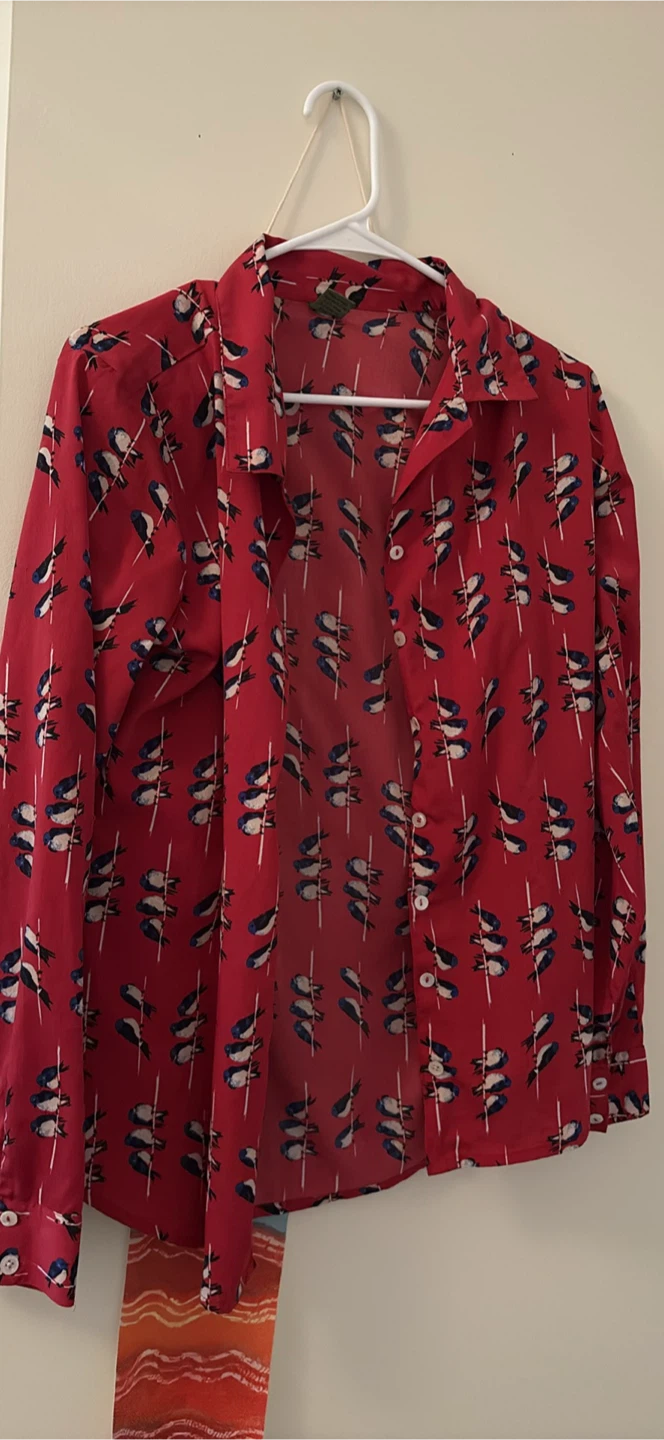 Red Bird Print Button-Up Shirt