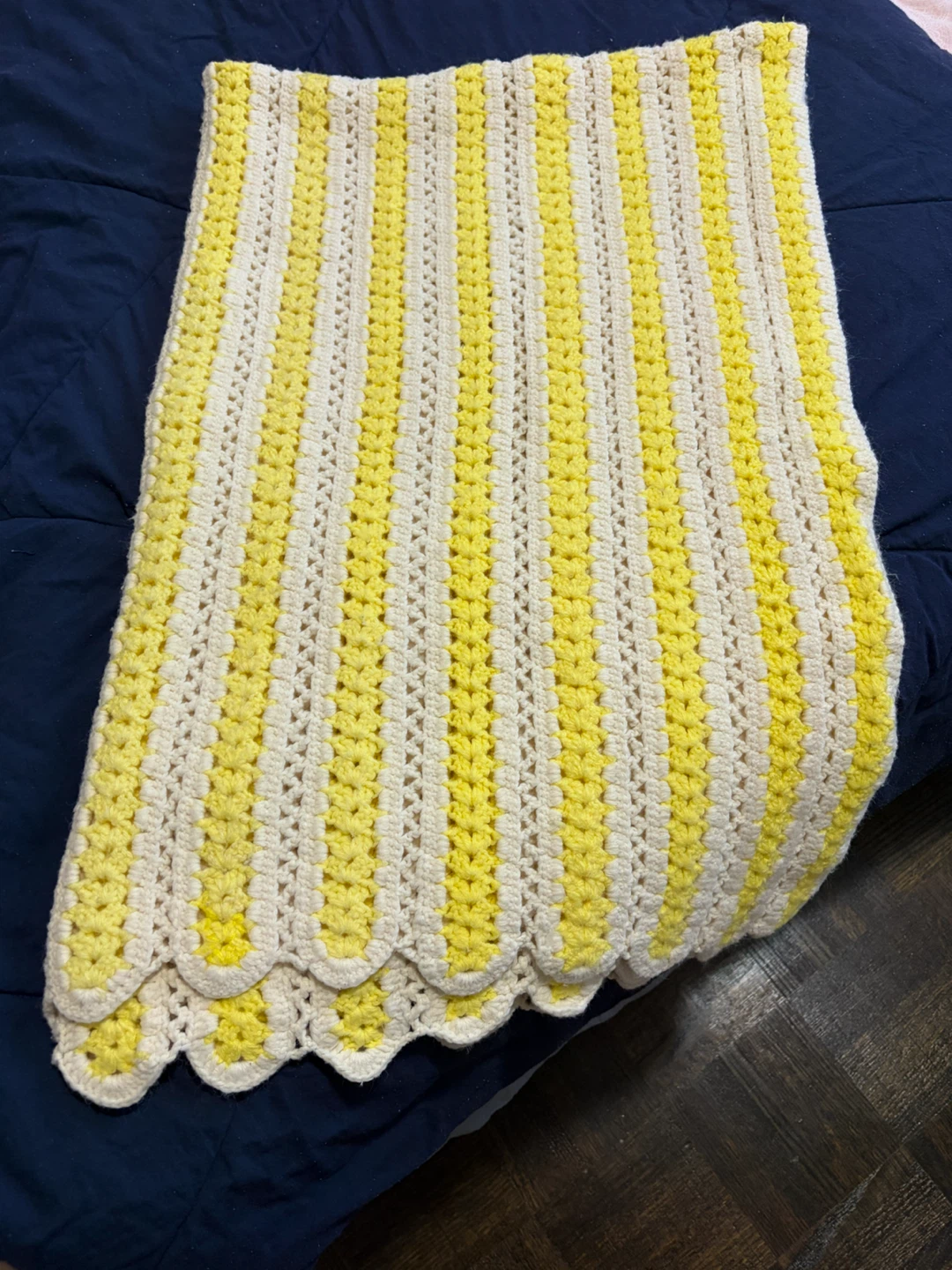 Hand Crocheted Yellow and Cream Striped Blanket