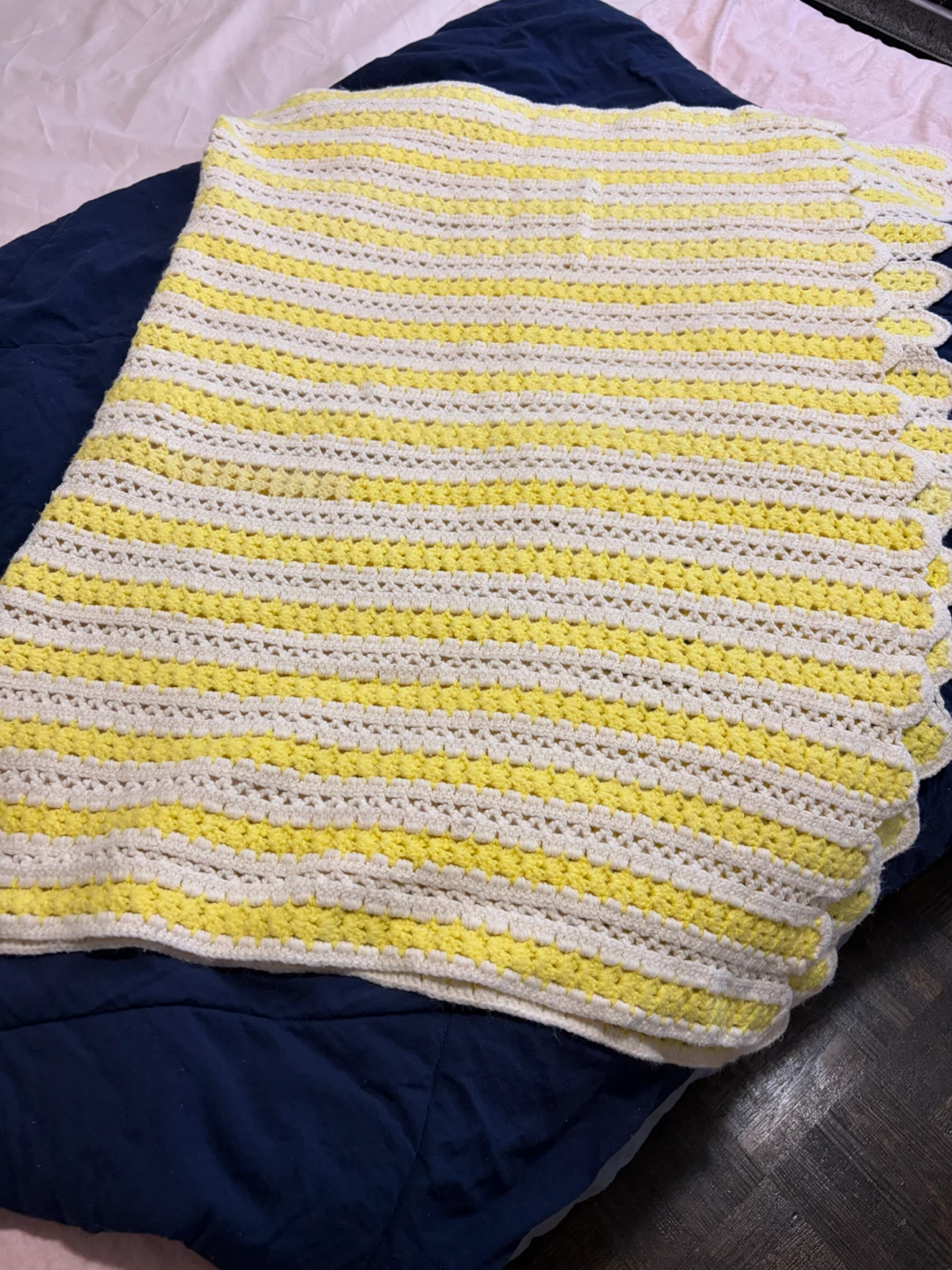 Hand Crocheted Yellow and Cream Striped Blanket - photo 2