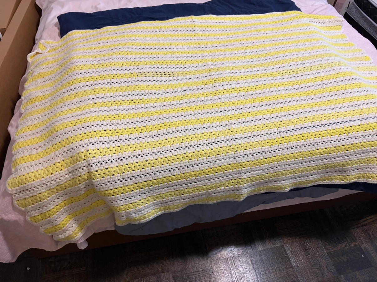 Hand Crocheted Yellow and Cream Striped Blanket - photo 3