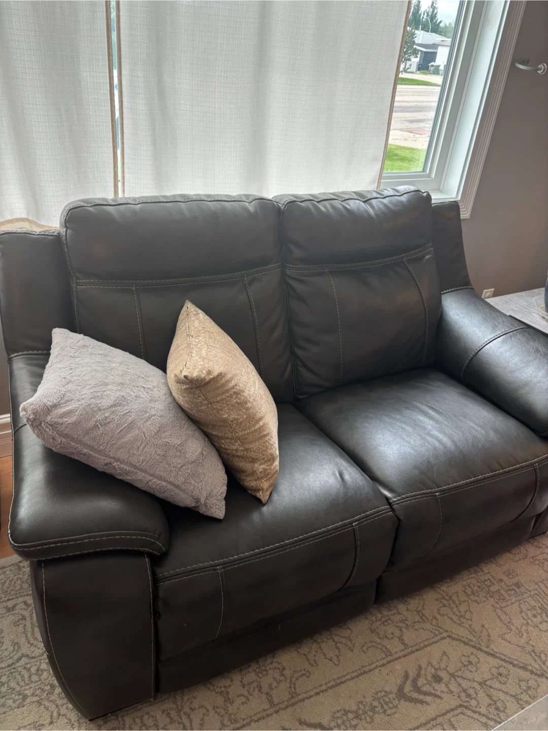 Grey Leather Loveseat Recliner with Cup Holders