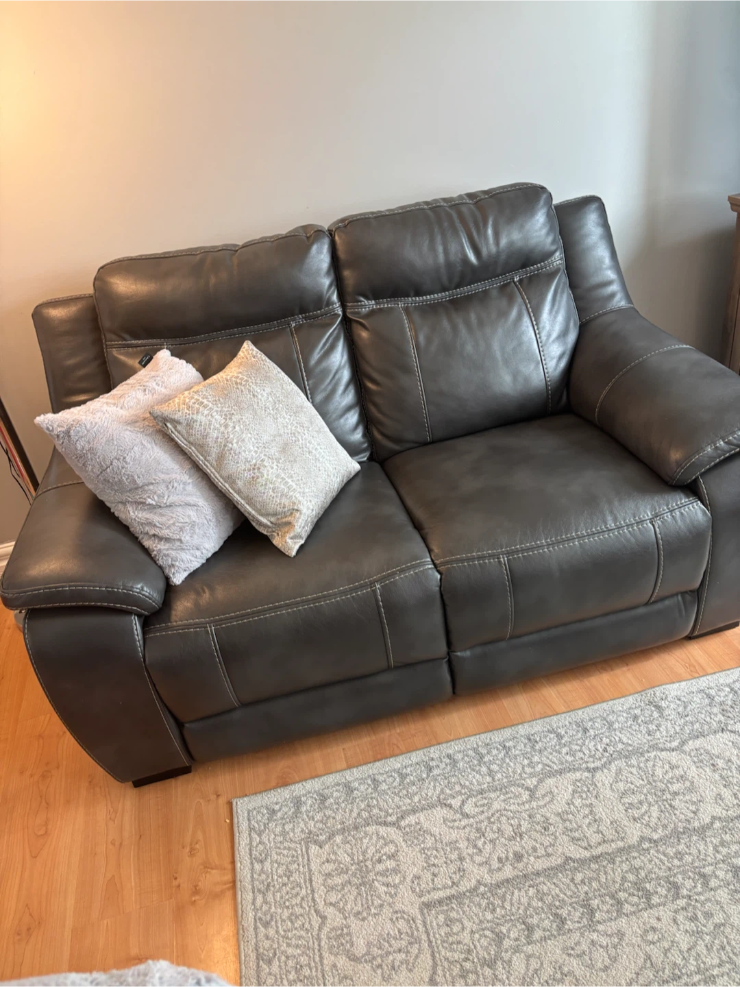 Grey Leather Loveseat Recliner with Cup Holders - photo 2