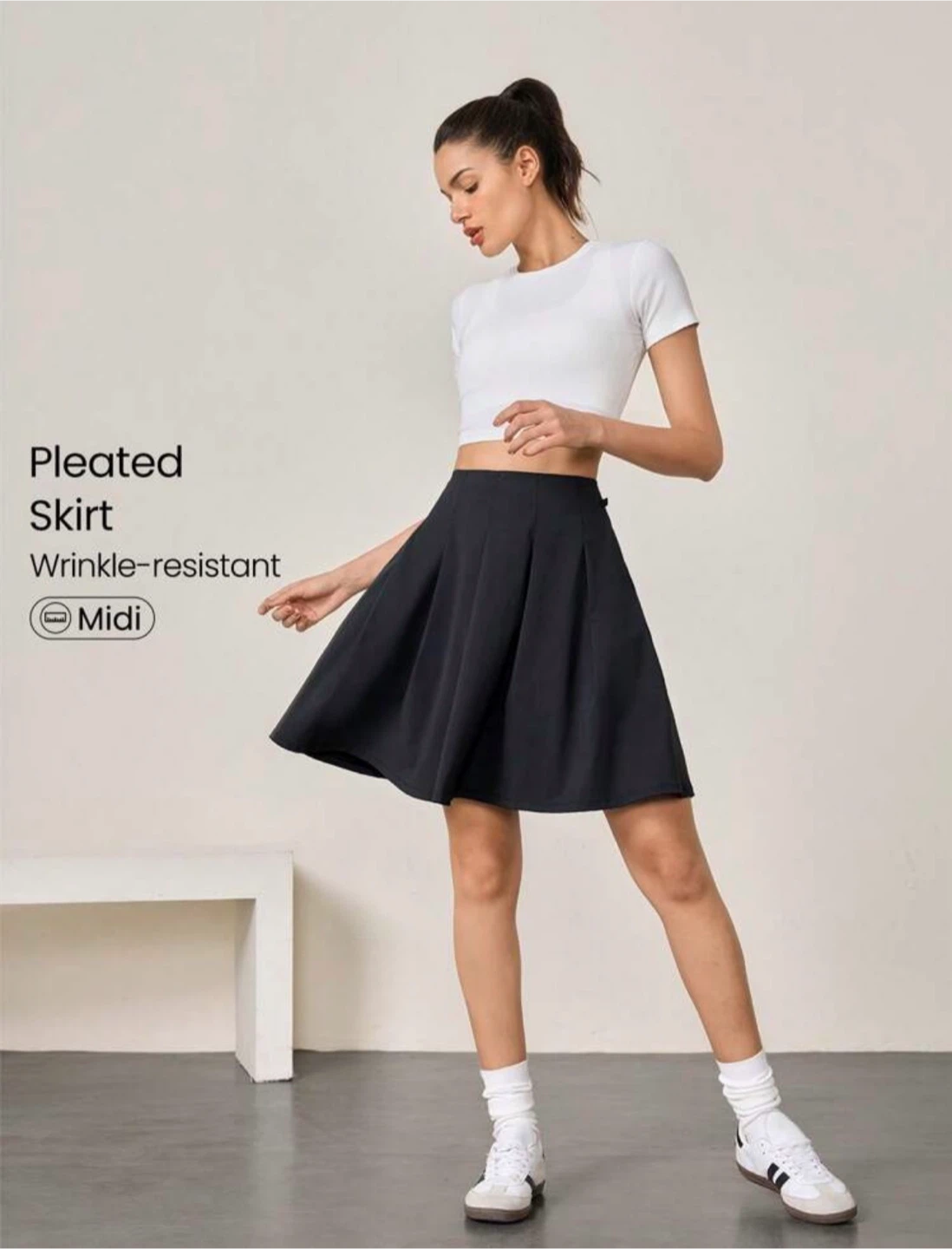 XL stretchy summer office Black Pleated Midi Skirt size 12