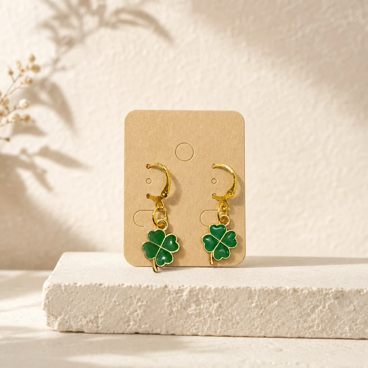Gold Tone Green Clover Dangle Earrings