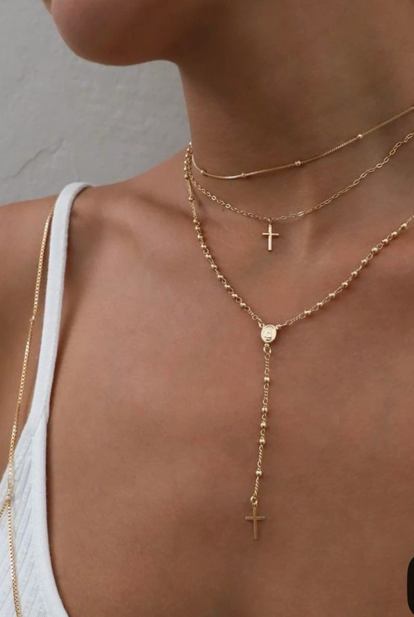 Gold-tone Beaded Rosary Necklace with Cross Pendant