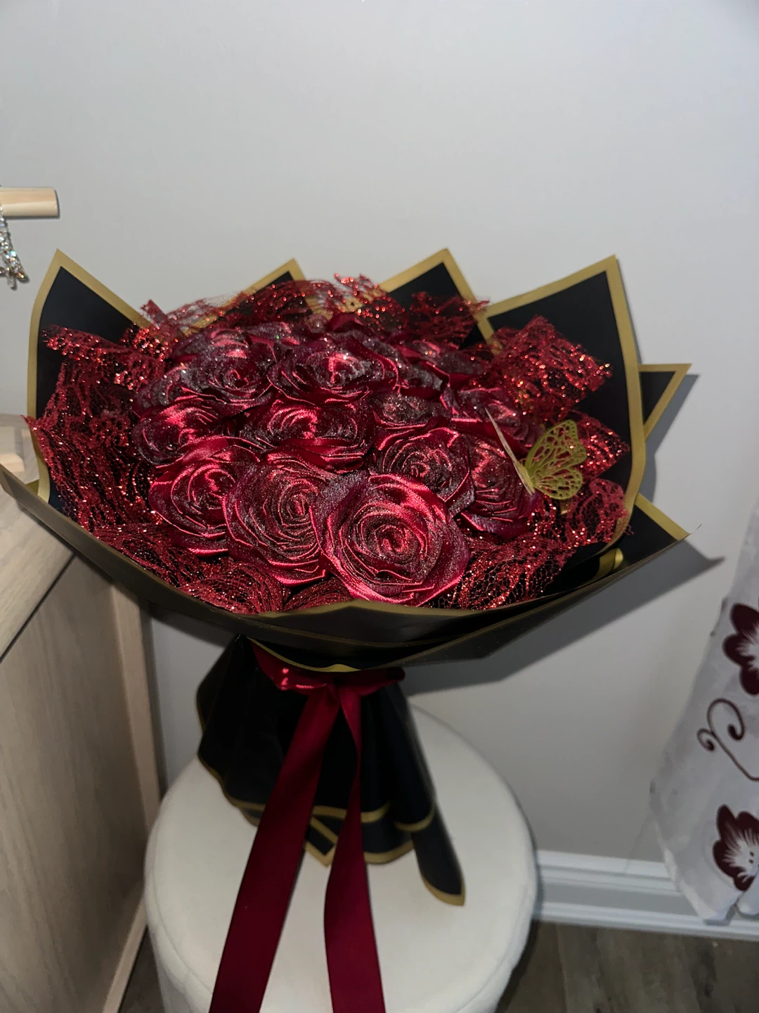 Red Artificial Rose Bouquet with Gold Butterfly Accent