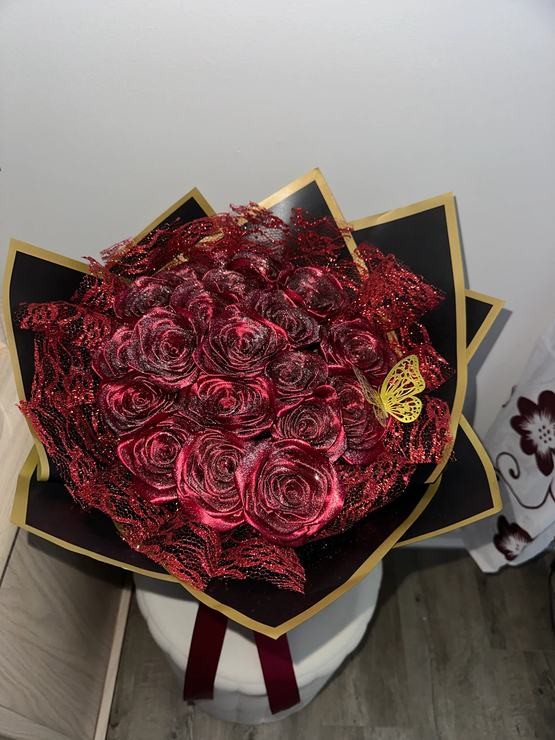 Red Artificial Rose Bouquet with Gold Butterfly Accent - photo 3