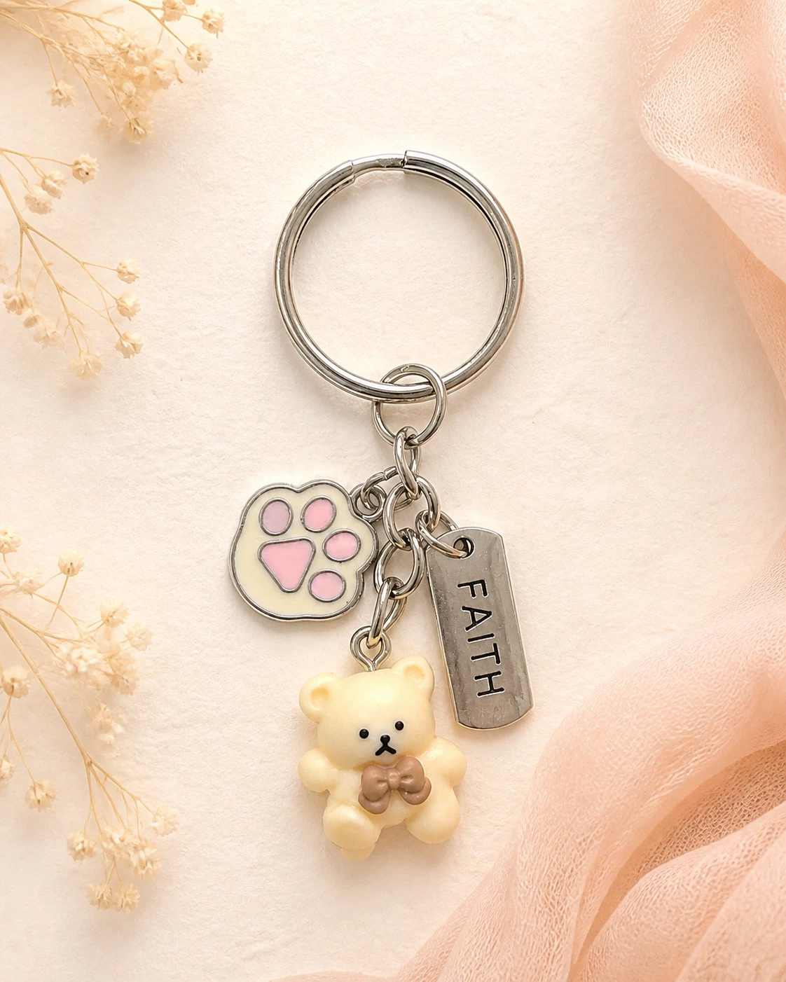 Teddy Bear & Paw Print Keychain with 'FAITH' charm