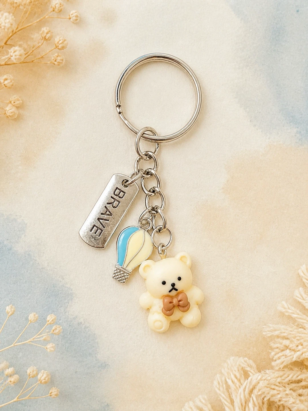 Keychain with Bear and Hot Air Balloon Charms