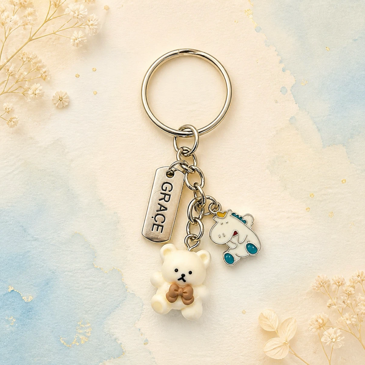 Personalized Bear and Unicorn Keychain