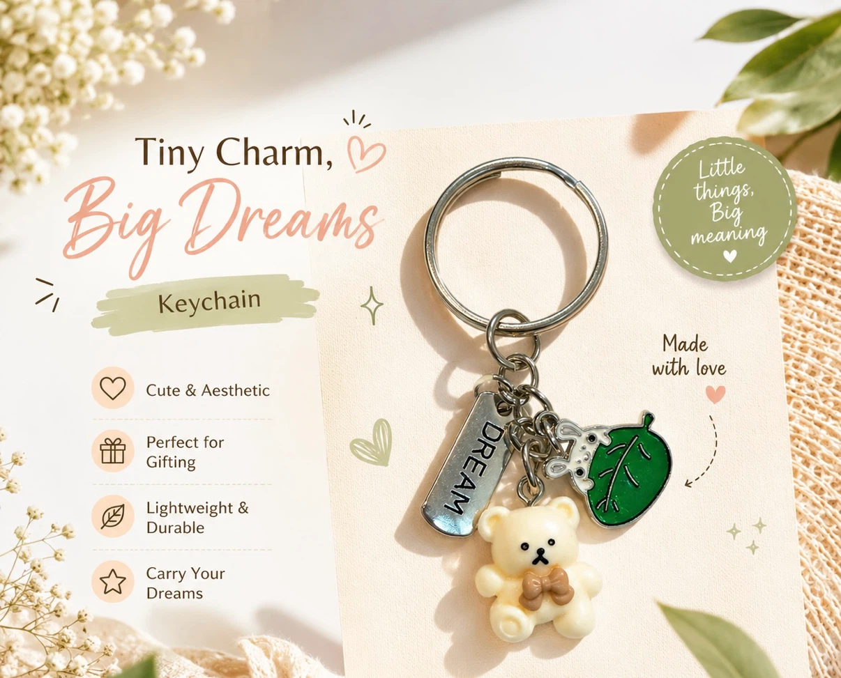Keychain with Teddy Bear, Leaf, and 'Dream' Charm