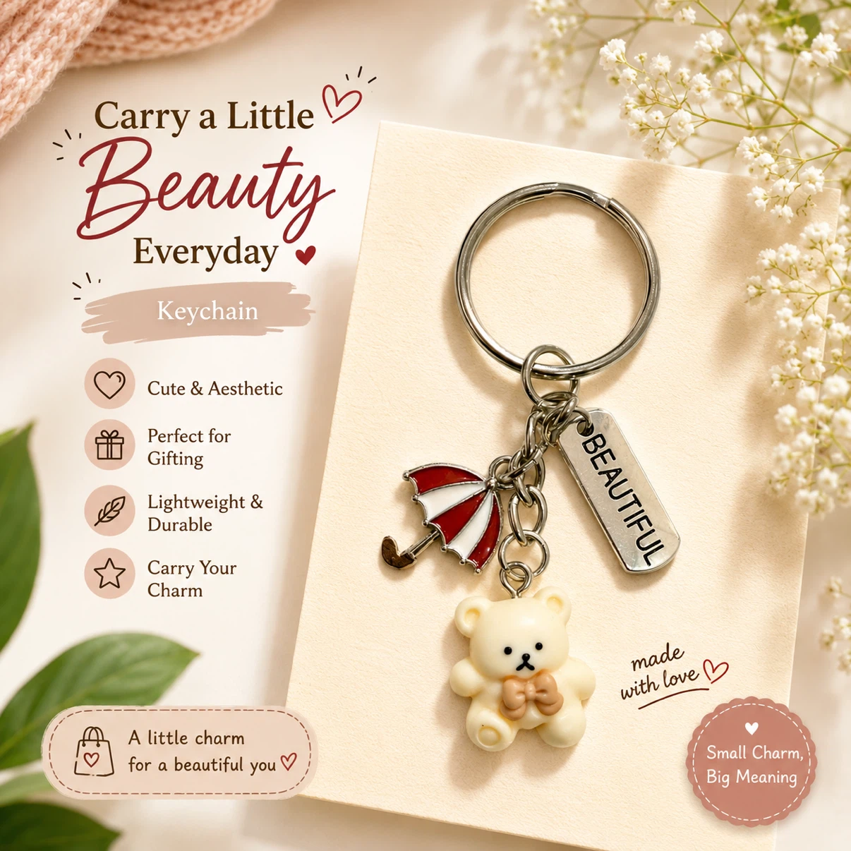Keychain with Bear, Umbrella Charms and "Beautiful" Tag