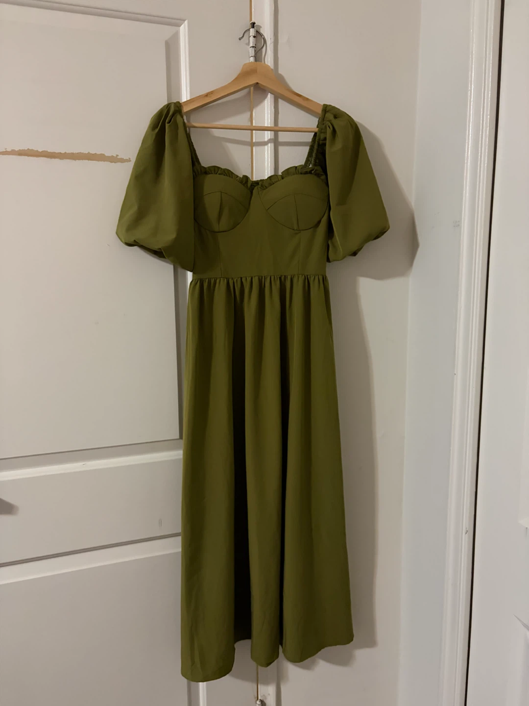 Olive Green Puff Sleeve Midi Dress