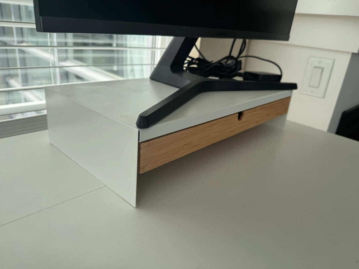 IKEA White Monitor Stand with Bamboo Drawer