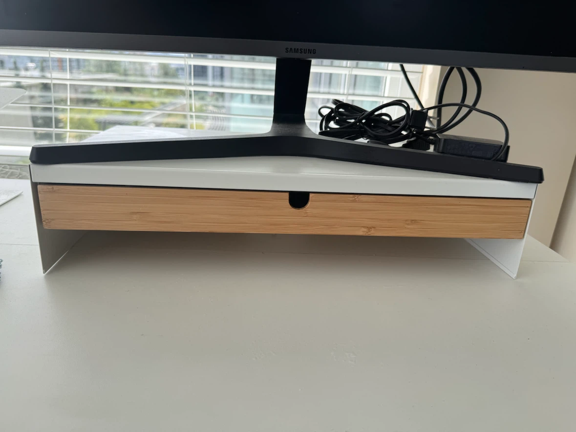 IKEA White Monitor Stand with Bamboo Drawer - photo 2