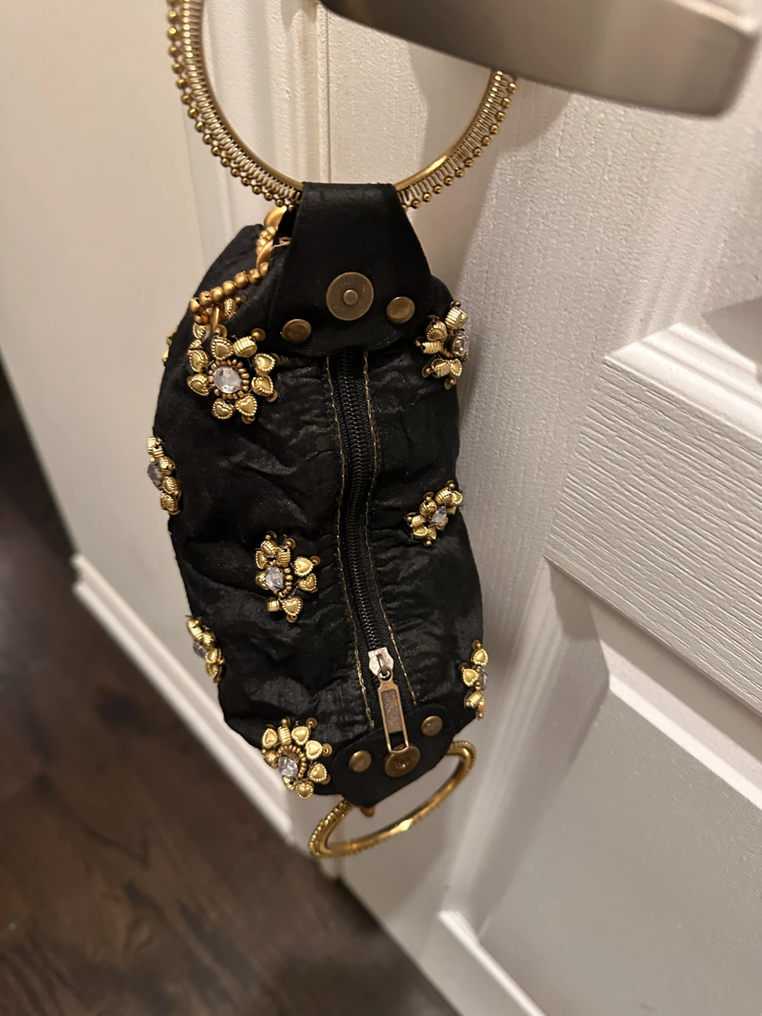 Embellished Black Clutch Bag with Gold Handle - photo 2