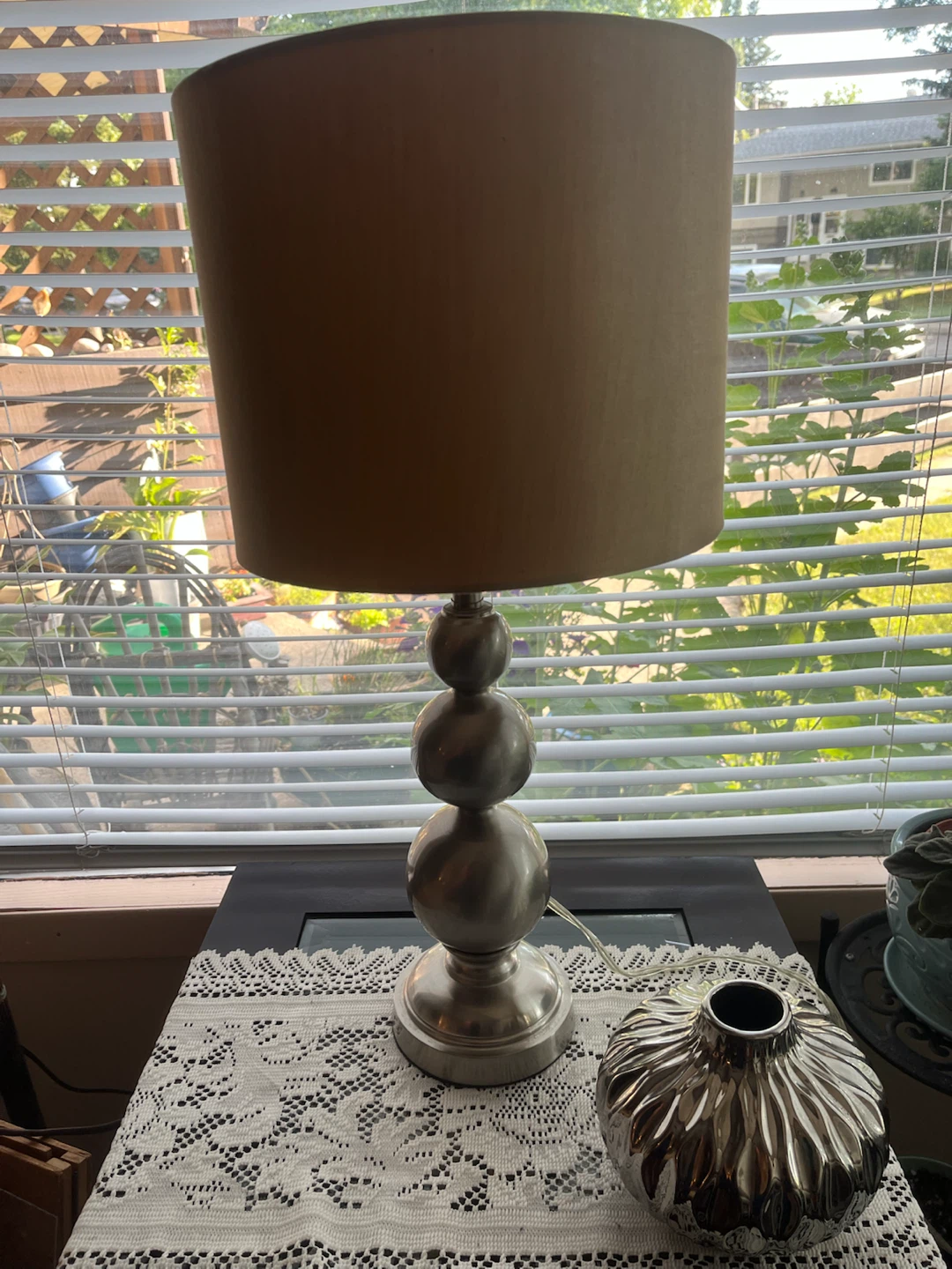 Silver Stacked Ball Accent Table Lamp, Tan Drum Shade