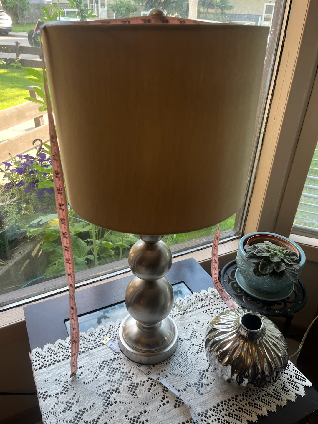 Silver Stacked Ball Accent Table Lamp, Tan Drum Shade - photo 2
