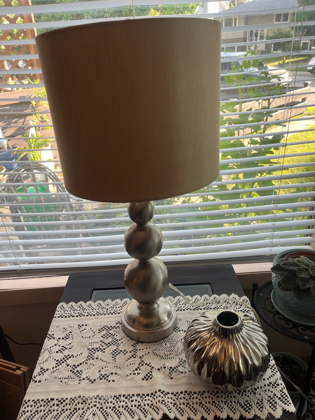 Silver Stacked Ball Accent Table Lamp, Tan Drum Shade - photo 4