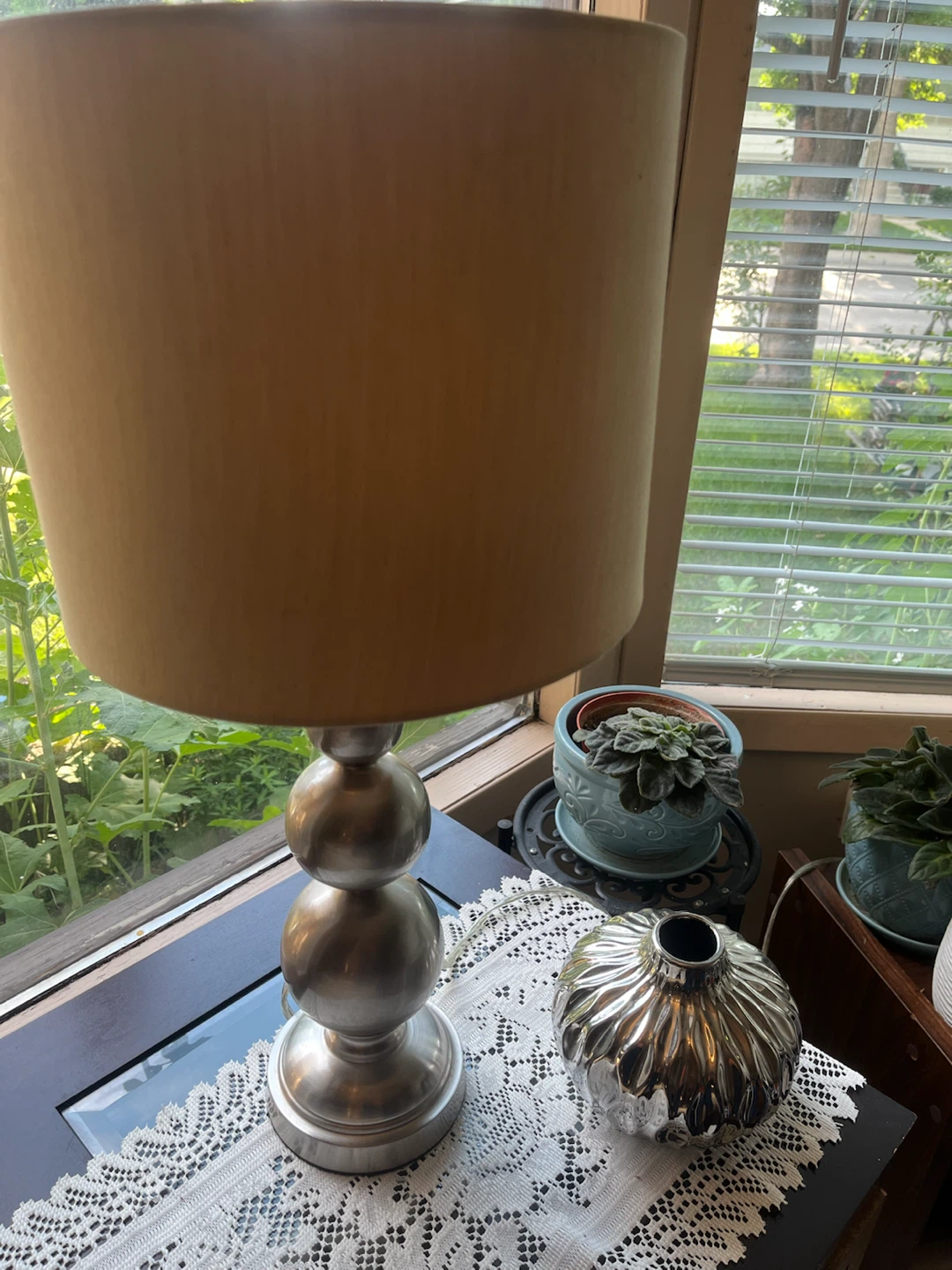 Silver Stacked Ball Accent Table Lamp, Tan Drum Shade - photo 5