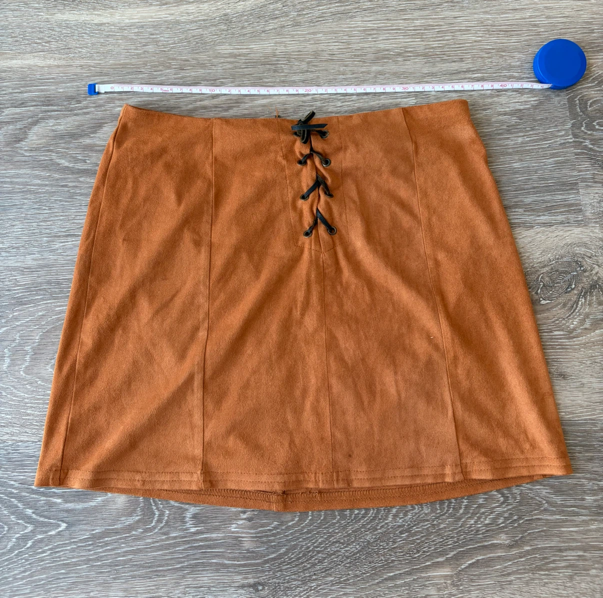 Tan Suede-like Mini Skirt with Real Leather Lace-Up Front - photo 4