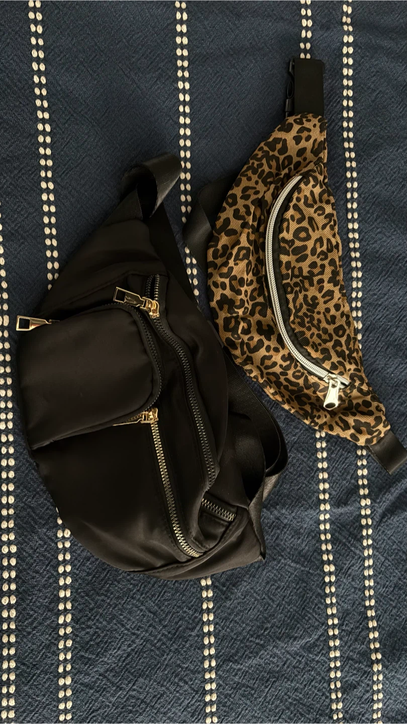 Bundle of two fanny packs: black and leopard print